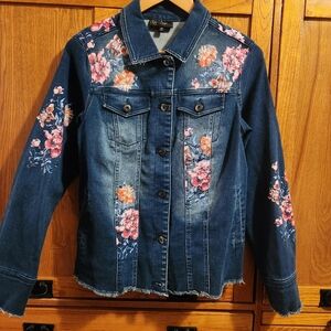 DG2 Diane Gilman Floral Denim Jacket Women's Size medium NWOT